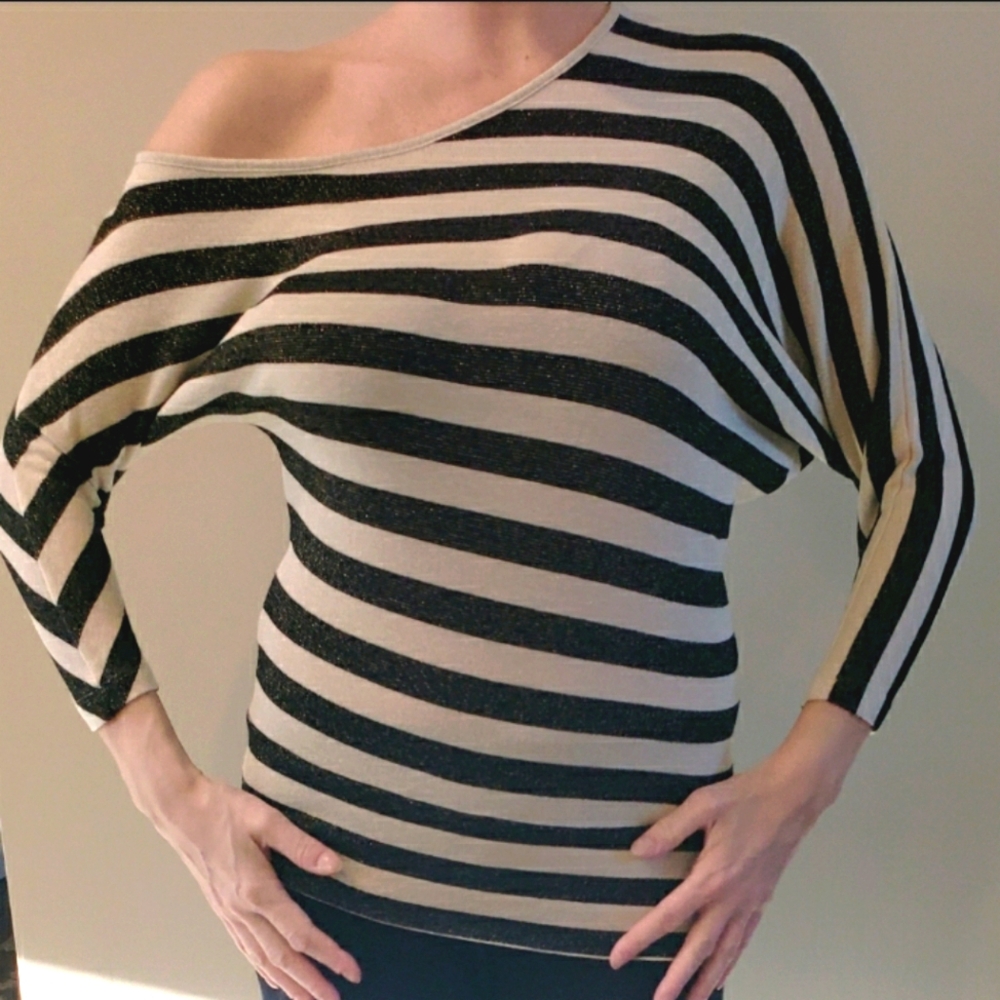 Striped Off-Shoulder Sweater - Black and Cream with Gold Threading by Cache